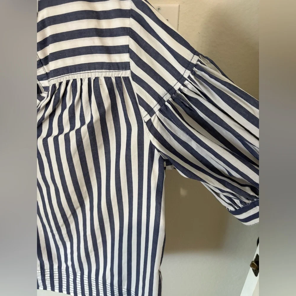 Anthropologie Blue & White Vertical Stripe V-Neck Puff Sleeve Blouse